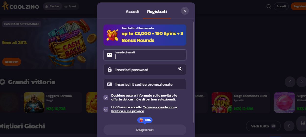 Registra un nuovo account Coolzino e ottieni bonus